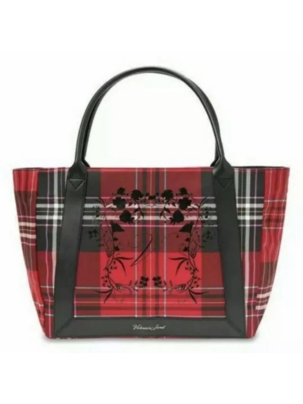 Red Plaid Floral Tartan Tote Bag with Black Trim Victorias Secret